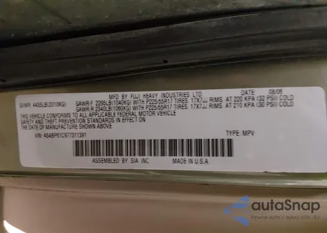 2007 Subaru Outback 2.5I из США, поврежденный, VIN 4S4BP61C977311391